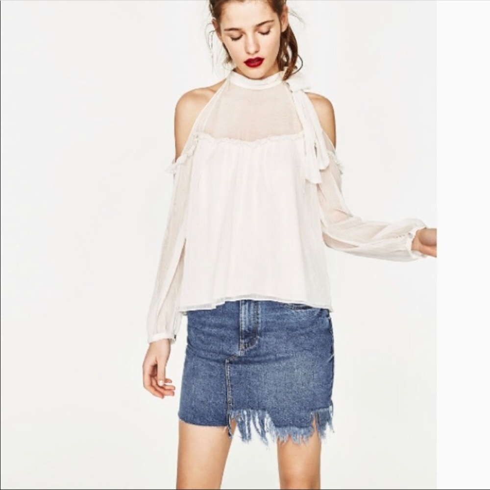 Zara white tie neck cold shoulder blouse, Sz M